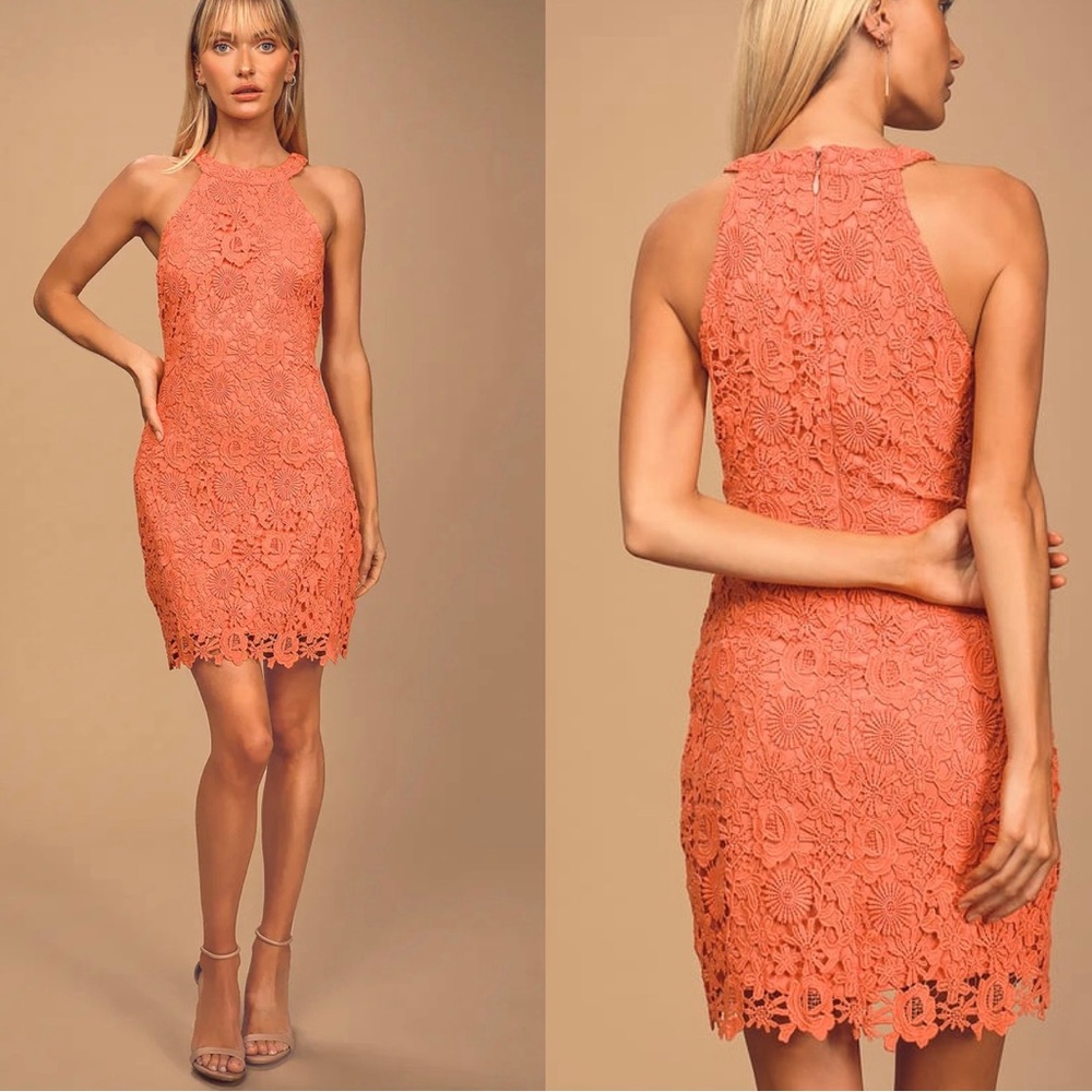 Lulu’s Love Poem Coral Orange Lace Mini Dress - Sz Small